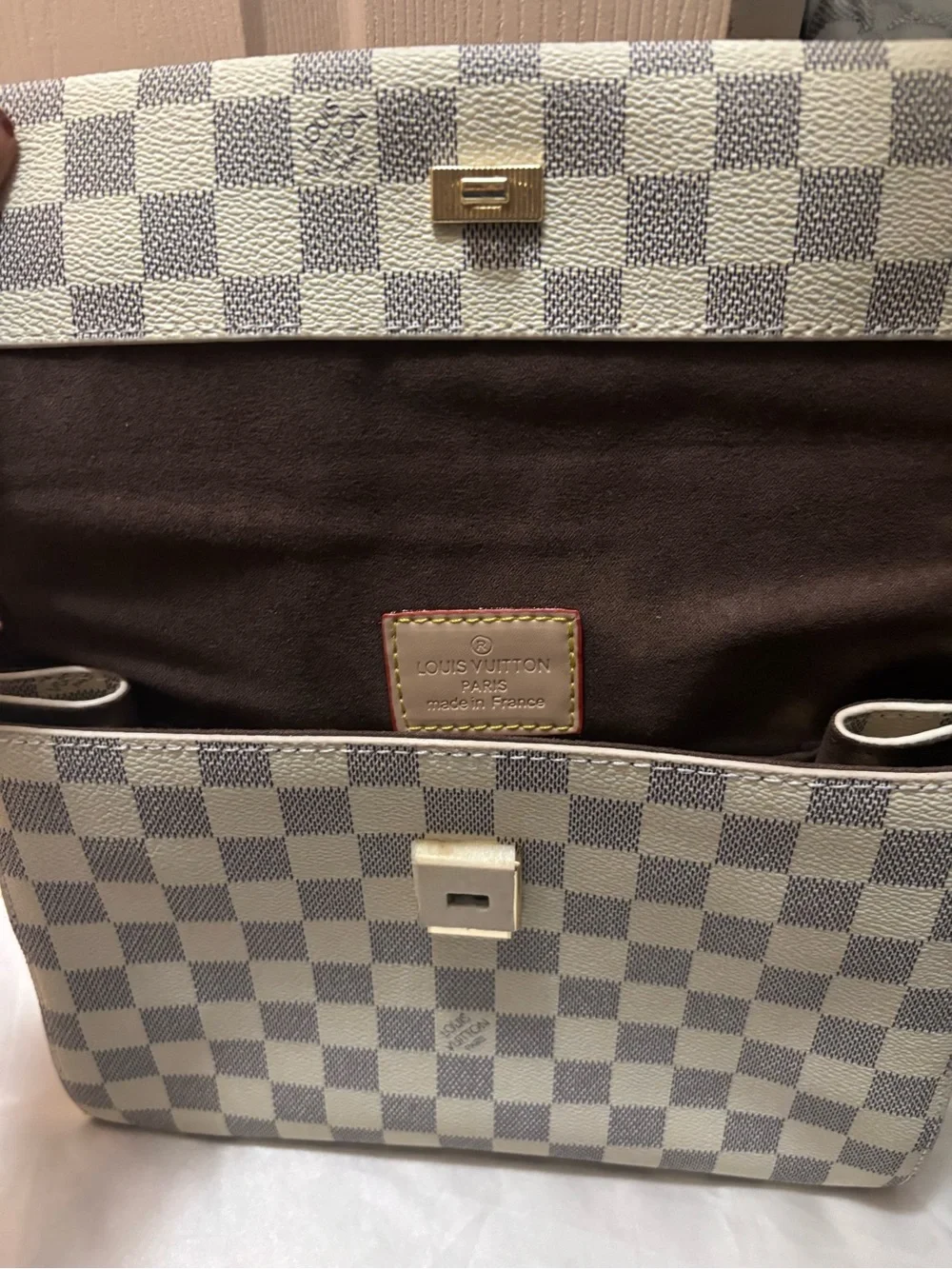 Inspired Damier Check Canvas Top Handle Bag in White/Gray by Louis Vuitton